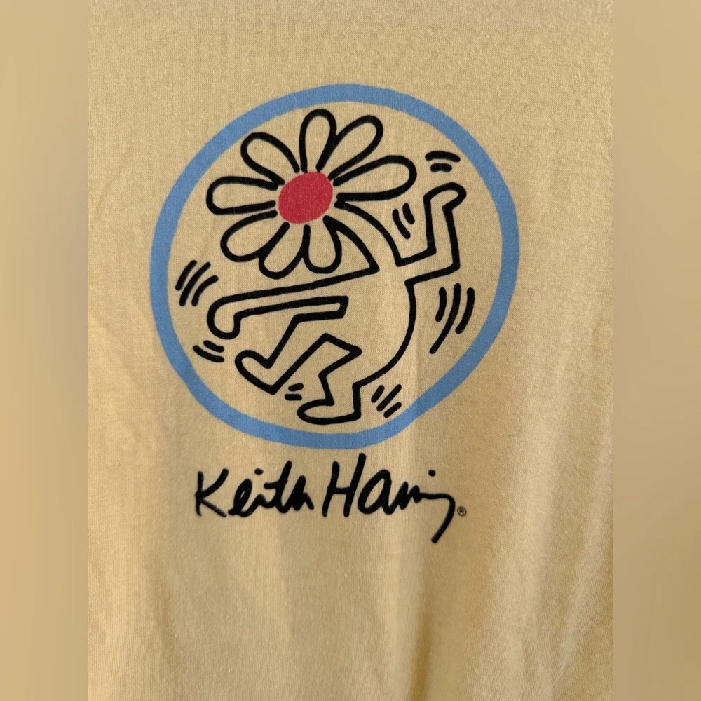 Keith Haring Graphic Long Sleeve Crop Top Yellow Blue Size XL - Picture 2 of 4